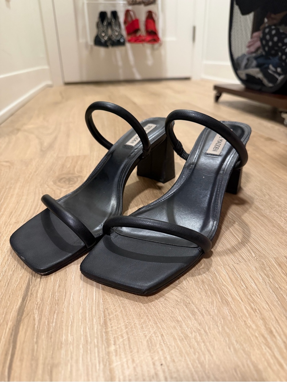 Steve Madden Black Double-Strap Square Toe Block Heels